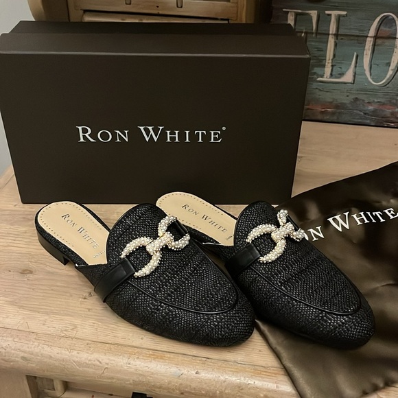 Ron White “Kaia” Mules Shoes Black Onyx Open Back Raffia Loafer Leather Lining 8 - Picture 1 of 13